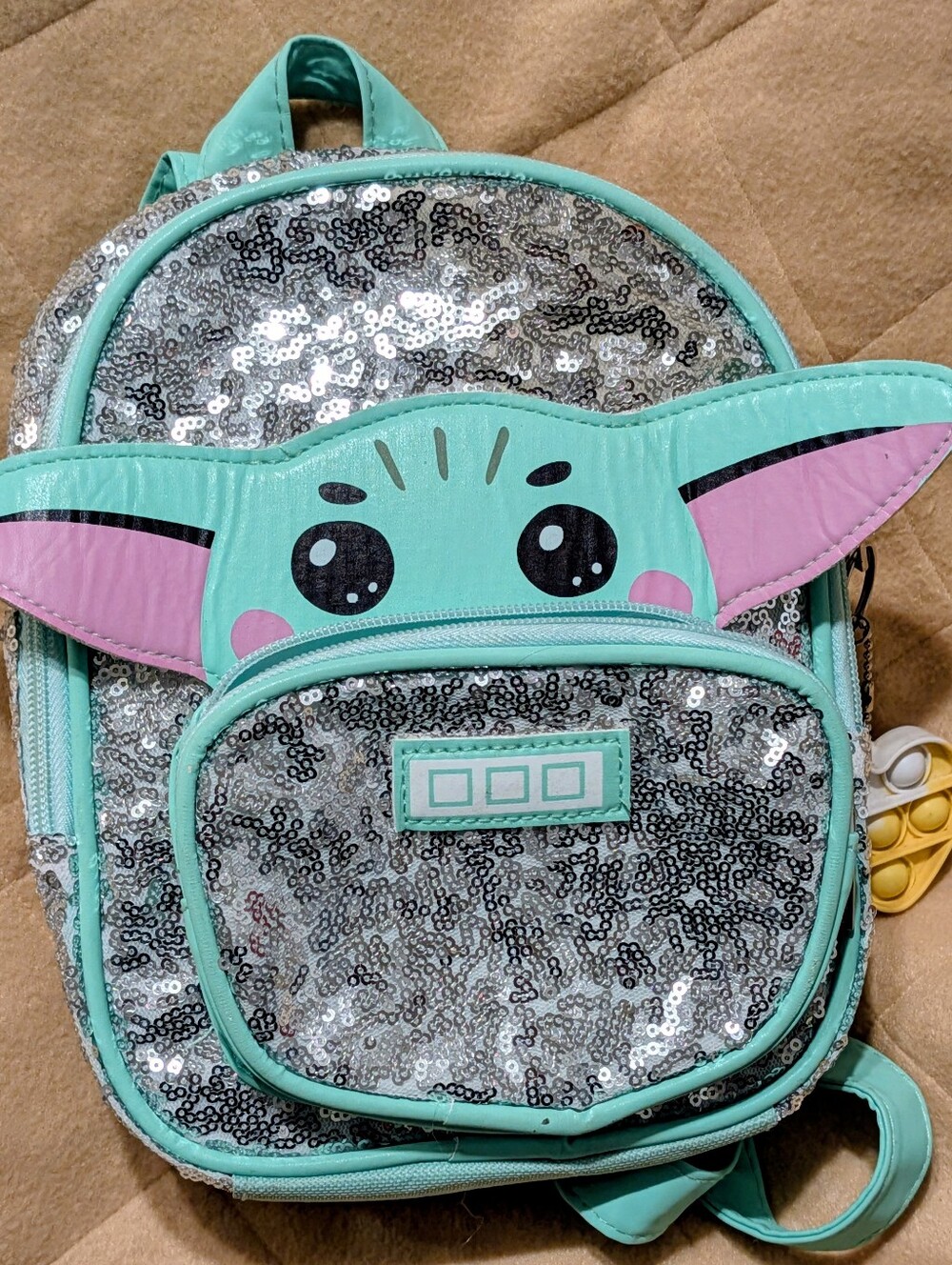 Star Wars Mint Green Silver Sequin Baby Yoga Medium Size Backpack with Pink Ears